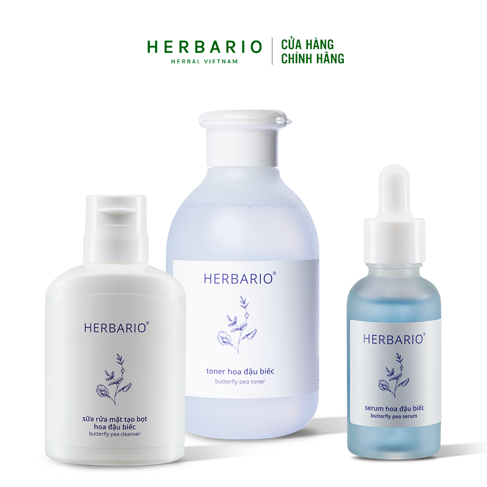 Bộ 3 cơ bản cấp ẩm da Hoa đậu biếc Herbario: Sữa rửa mặt 100ml + Serum 30ml + Toner 200ml