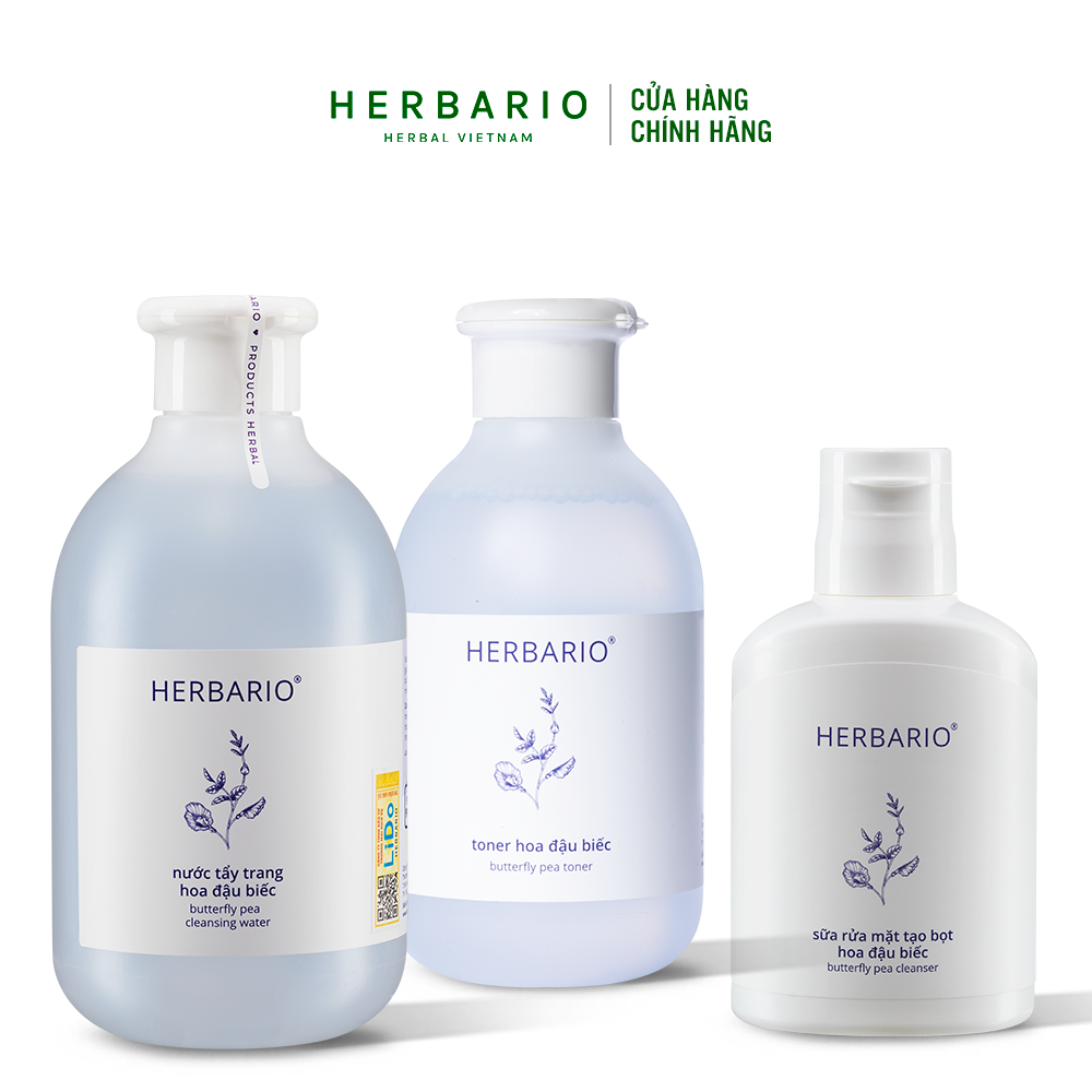 Bộ 3 hoa đậu biếc Herbario: Nước tẩy trang 300ml + Sữa rửa mặt 100ml + Toner 200ml